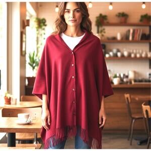 Fadivo NY Poncho Cape Shawl NWT Red One Size Fringe Snap Front Cottage Core